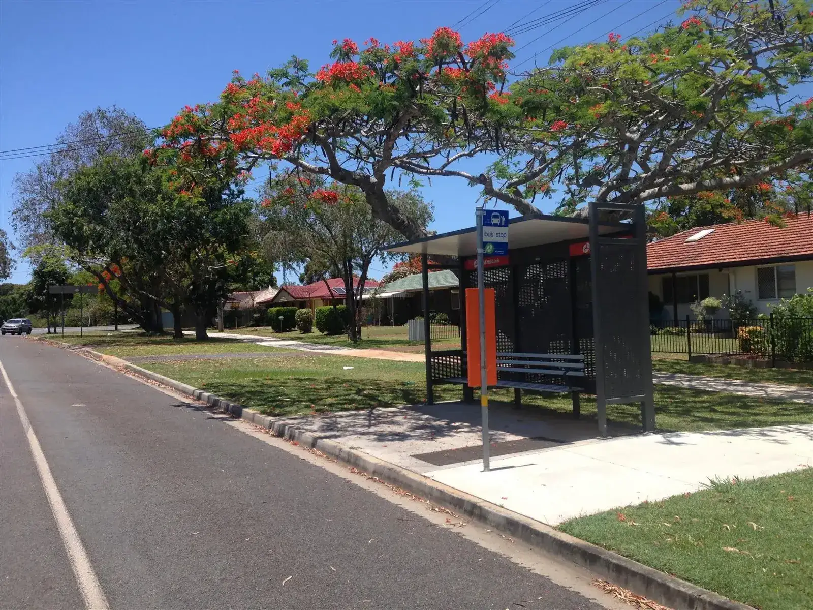4B suburban bus shelter installed beside a tree-lined Redlands street